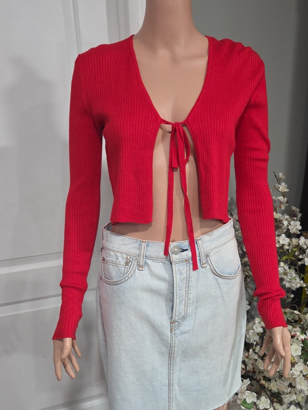 Red Ribbed Tie-Front Crop Top Cardi